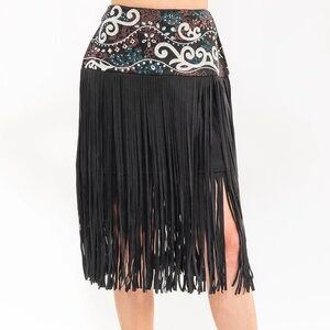 Black Fringe Skirt with Patterned Jewel Embroidered Waistband